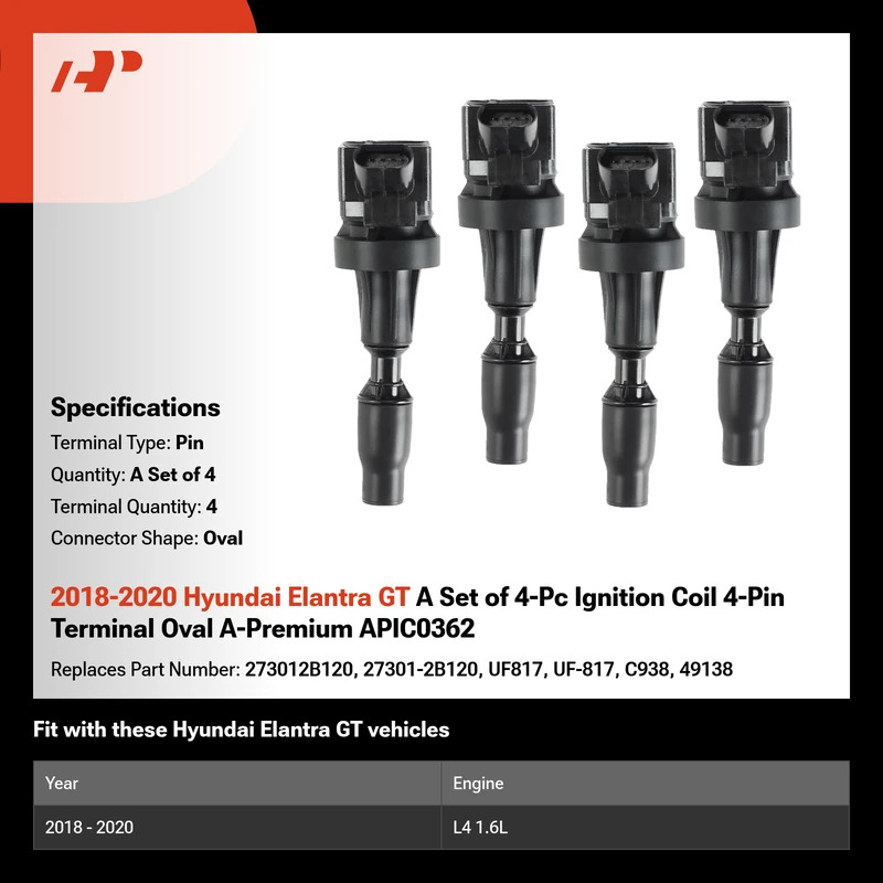 2018-2020 Hyundai Elantra GT A Set of 4-Pc Ignition Coil 4-Pin Terminal Oval A-Premium APIC0362