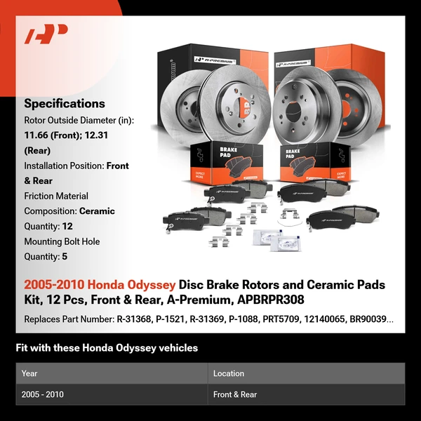 2005-2010 Honda Odyssey Disc Brake Rotors and Ceramic Pads Kit, 12 Pcs, Front & Rear, A-Premium, APBRPR308