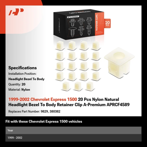 1999-2002 Chevrolet Express 1500 20 Pcs Nylon Natural Headlight Bezel To Body Retainer Clip A-Premium APRCF4589