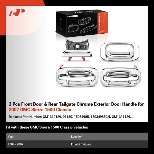 3 Pcs Front Door & Rear Tailgate Chrome Exterior Door Handle for 2007 GMC Sierra 1500 Classic
