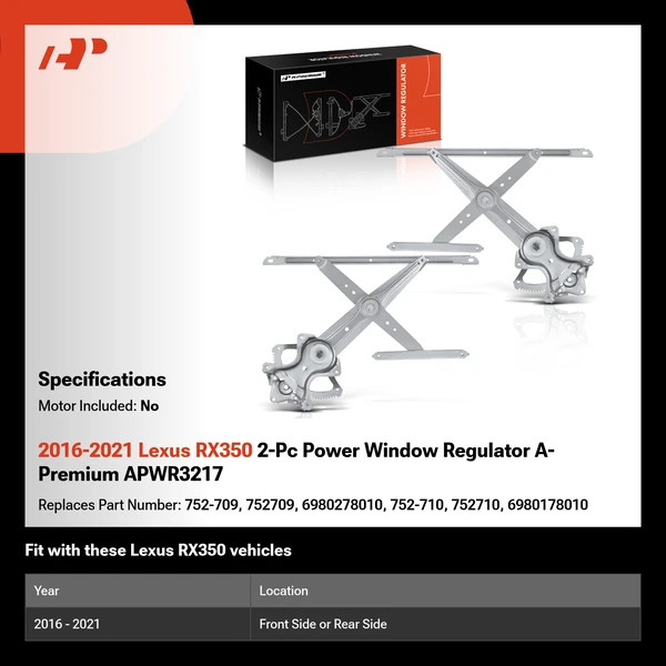 2016-2021 Lexus RX350 2-Pc Power Window Regulator A-Premium APWR3217