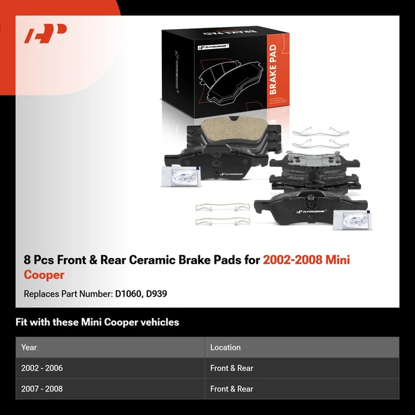 8 Pcs Front & Rear Ceramic Brake Pads for 2002-2008 Mini Cooper