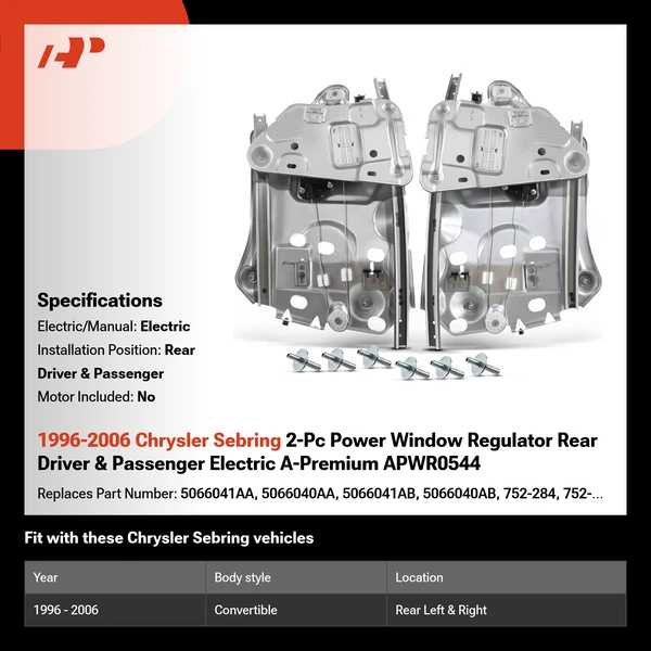 1996-2006 Chrysler Sebring 2-Pc Power Window Regulator Rear Driver & Passenger Electric A-Premium APWR0544