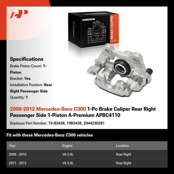 2008-2012 Mercedes-Benz C300 1-Pc Brake Caliper Rear Right Passenger Side 1-Piston A-Premium APBC4110