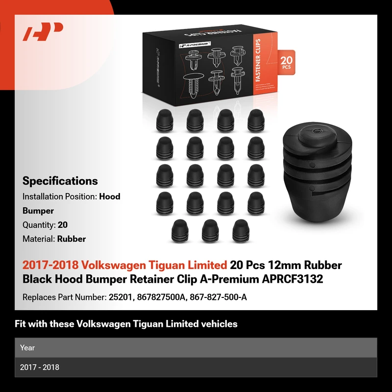 2017-2018 Volkswagen Tiguan Limited 20 Pcs 12mm Rubber Black Hood Bumper Retainer Clip A-Premium APRCF3132