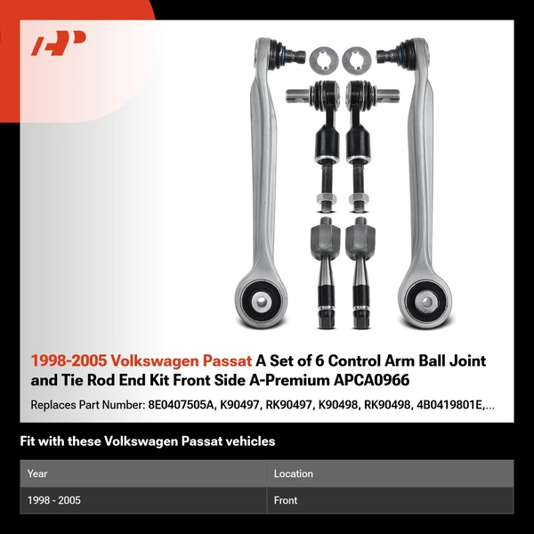 1998-2005 Volkswagen Passat A Set of 6 Control Arm Ball Joint and Tie Rod End Kit Front Side A-Premium APCA0966