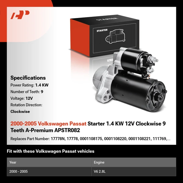 2000-2005 Volkswagen Passat Starter 1.4 KW 12V Clockwise 9 Teeth A-Premium APSTR082