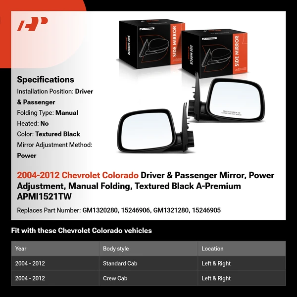 2004-2012 Chevrolet Colorado Driver & Passenger Mirror, Power Adjustment, Manual Folding, Textured Black A-Premium APMI1521TW