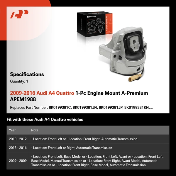 2009-2016 Audi A4 Quattro 1-Pc Engine Mount A-Premium APEM1988