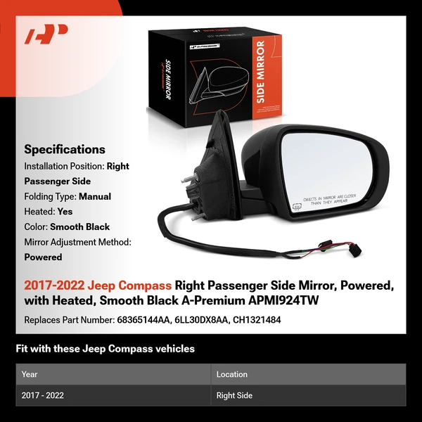 2017-2022 Jeep Compass Right Passenger Side Mirror, Powered, with Heated, Smooth Black A-Premium APMI924TW