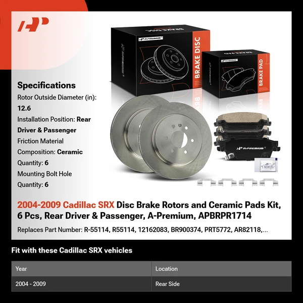 2004-2009 Cadillac SRX Disc Brake Rotors and Ceramic Pads Kit, 6 Pcs, Rear Driver & Passenger, A-Premium, APBRPR1714
