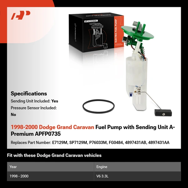 1998-2000 Dodge Grand Caravan Fuel Pump with Sending Unit A-Premium APFP0735