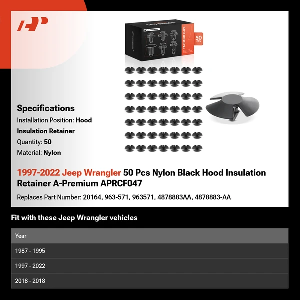 1997-2022 Jeep Wrangler 50 Pcs Nylon Black Hood Insulation Retainer A-Premium APRCF047