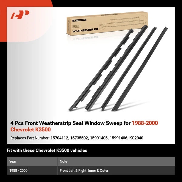 4 Pcs Front Weatherstrip Seal Window Sweep for 1988-2000 Chevrolet K3500