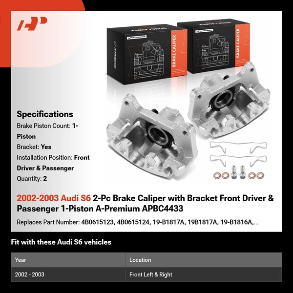 2002-2003 Audi S6 2-Pc Brake Caliper with Bracket Front Driver & Passenger 1-Piston A-Premium APBC4433