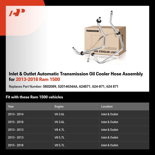 Inlet & Outlet Automatic Transmission Oil Cooler Hose Assembly for 2013-2018 Ram 1500