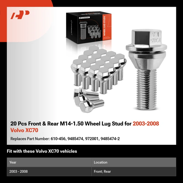 20 Pcs Front & Rear M14-1.50 Wheel Lug Stud for 2003-2008 Volvo XC70