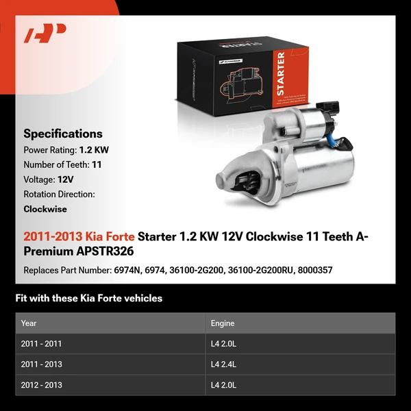 2011-2013 Kia Forte Starter 1.2 KW 12V Clockwise 11 Teeth A-Premium APSTR326