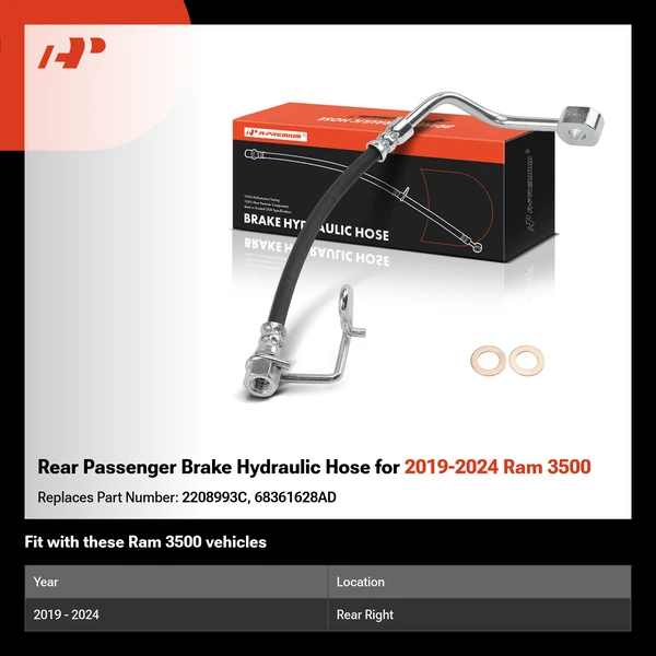 Rear Passenger Brake Hydraulic Hose for 2019-2024 Ram 3500