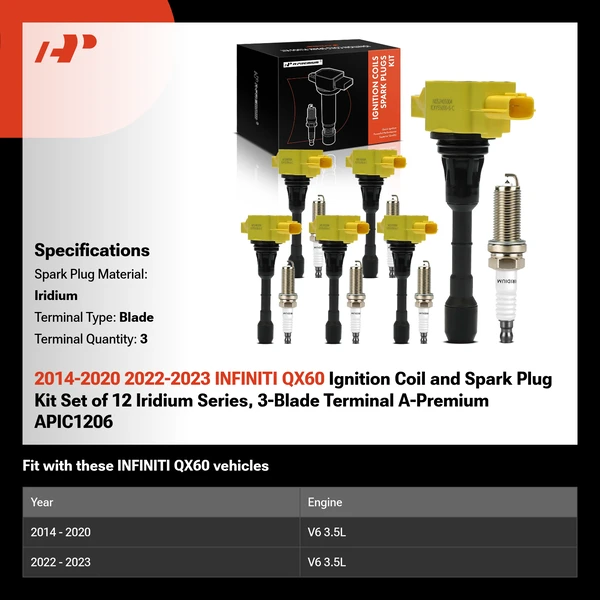 2014-2020 2022-2023 INFINITI QX60 Ignition Coil and Spark Plug Kit Set of 12 Iridium Series, 3-Blade Terminal A-Premium APIC1206