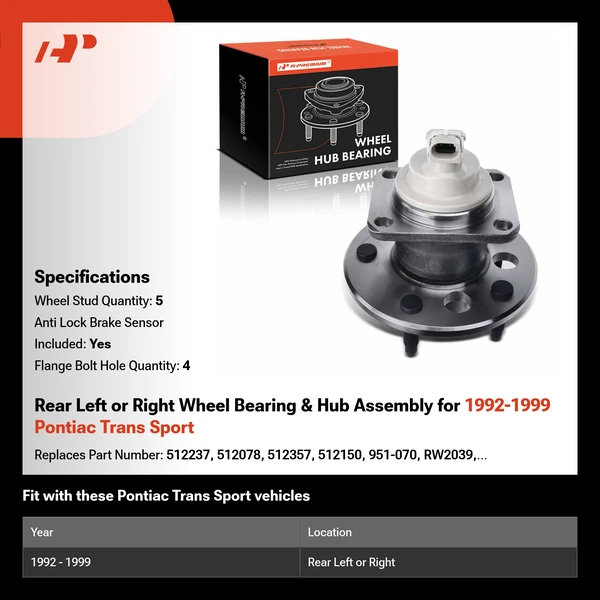 Rear Left or Right Wheel Bearing & Hub Assembly for 1992-1999 Pontiac Trans Sport