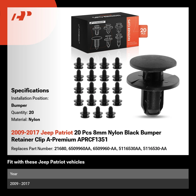 2009-2017 Jeep Patriot 20 Pcs 8mm Nylon Black Bumper Retainer Clip A-Premium APRCF1351