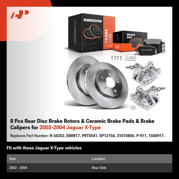 8 Pcs Rear Disc Brake Rotors & Ceramic Brake Pads & Brake Calipers for 2002-2004 Jaguar X-Type