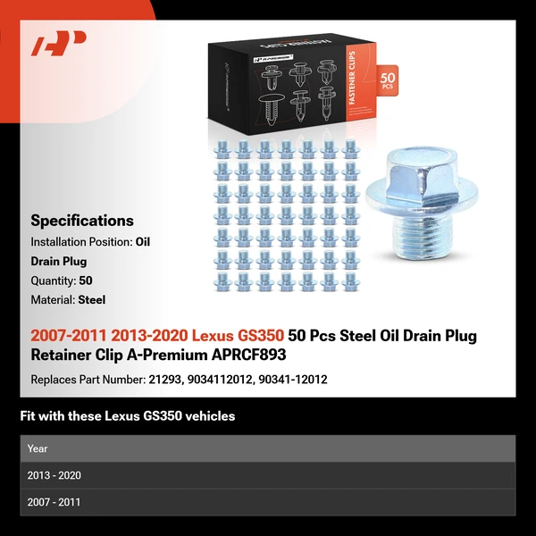 2007-2011 2013-2020 Lexus GS350 50 Pcs Steel Oil Drain Plug Retainer Clip A-Premium APRCF893