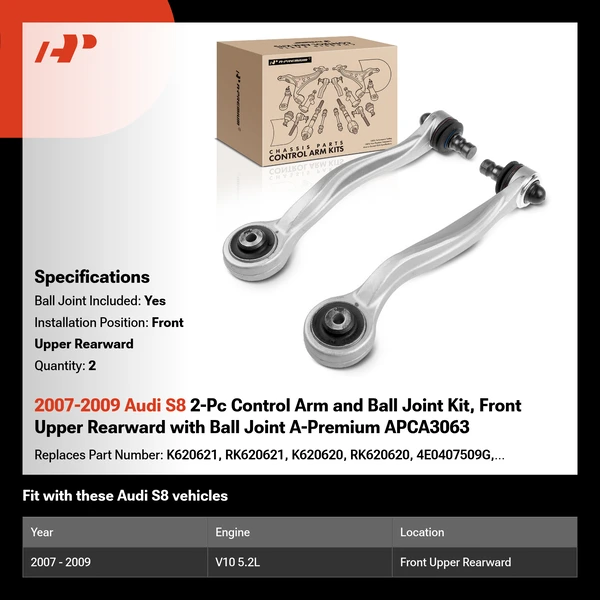 2007-2009 Audi S8 2-Pc Control Arm and Ball Joint Kit, Front Upper Rearward with Ball Joint A-Premium APCA3063