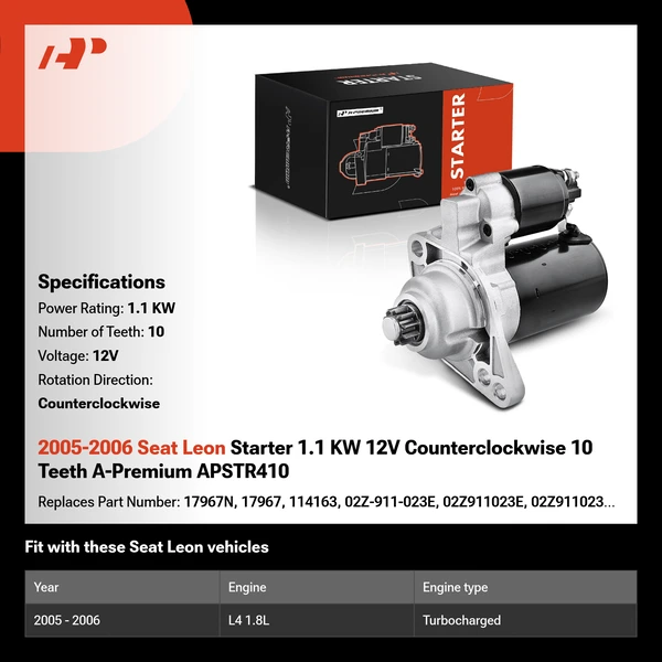 2005-2006 Seat Leon Starter 1.1 KW 12V Counterclockwise 10 Teeth A-Premium APSTR410