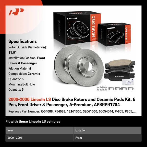 2000-2006 Lincoln LS Disc Brake Rotors and Ceramic Pads Kit, 6 Pcs, Front Driver & Passenger, A-Premium, APBRPR1784