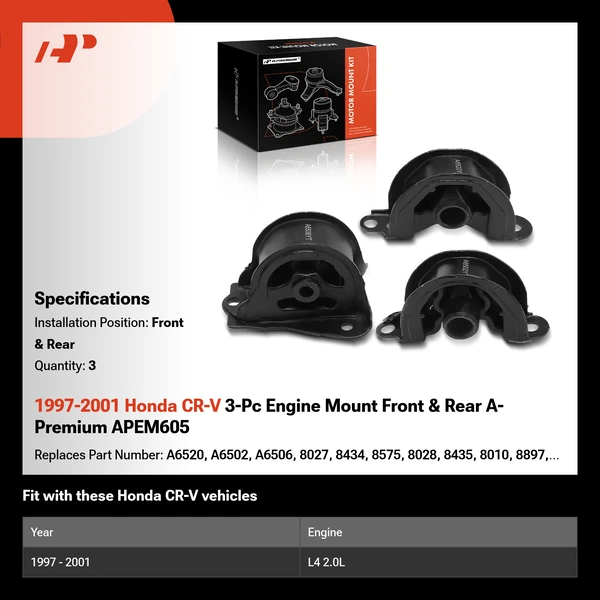 1997-2001 Honda CR-V 3-Pc Engine Mount Front & Rear A-Premium APEM605