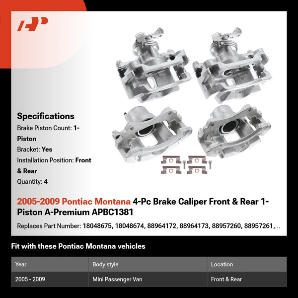 2005-2009 Pontiac Montana 4-Pc Brake Caliper Front & Rear 1-Piston A-Premium APBC1381