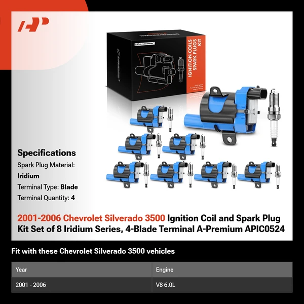 2001-2006 Chevrolet Silverado 3500 Ignition Coil and Spark Plug Kit Set of 8 Iridium Series, 4-Blade Terminal A-Premium APIC0524