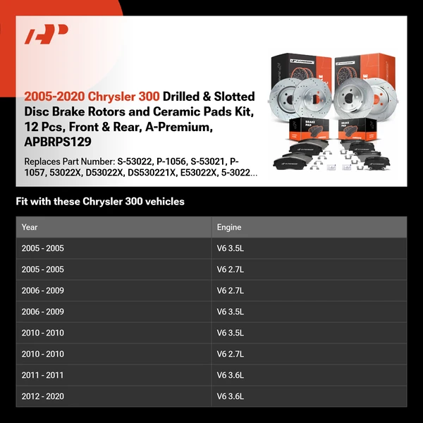 2005-2020 Chrysler 300 Drilled & Slotted Disc Brake Rotors and Ceramic Pads Kit, 12 Pcs, Front & Rear, A-Premium, APBRPS129