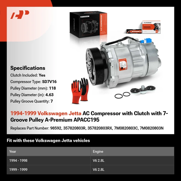 1994-1999 Volkswagen Jetta AC Compressor with Clutch with 7-Groove Pulley A-Premium APACC195