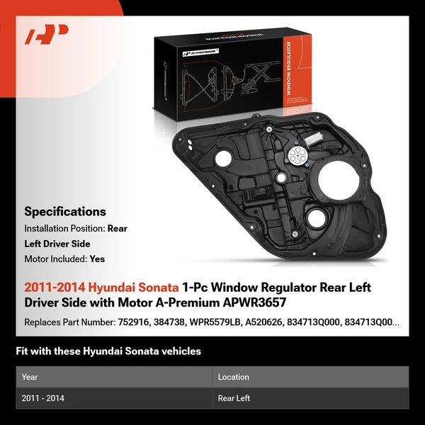 2011-2014 Hyundai Sonata 1-Pc Window Regulator Rear Left Driver Side with Motor A-Premium APWR3657