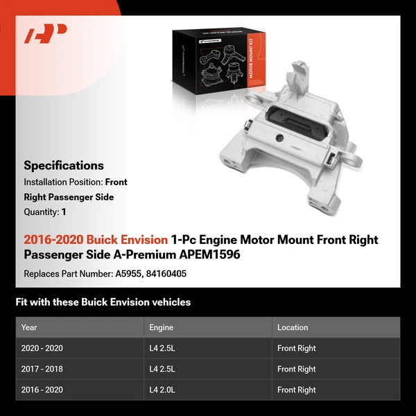 2016-2020 Buick Envision 1-Pc Engine Motor Mount Front Right Passenger Side A-Premium APEM1596