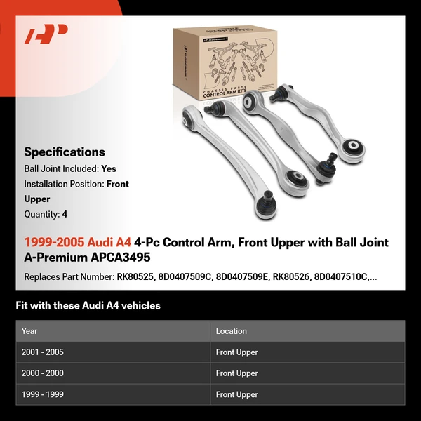 1999-2005 Audi A4 4-Pc Control Arm, Front Upper with Ball Joint A-Premium APCA3495