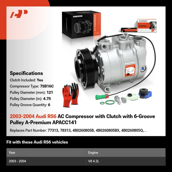 2003-2004 Audi RS6 AC Compressor with Clutch with 6-Groove Pulley A-Premium APACC141