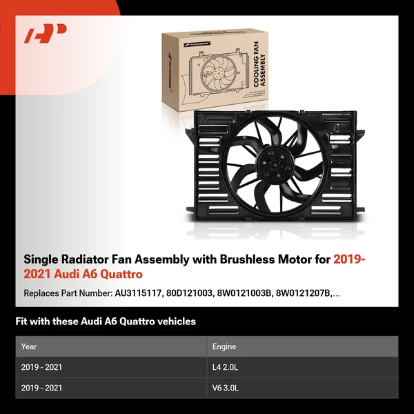 Single Radiator Fan Assembly with Brushless Motor for 2019-2021 Audi A6 Quattro