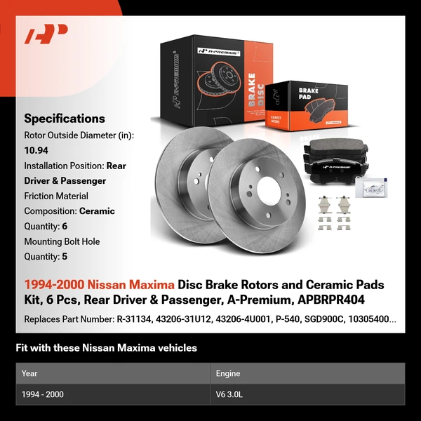 1994-2000 Nissan Maxima Disc Brake Rotors and Ceramic Pads Kit, 6 Pcs, Rear Driver & Passenger, A-Premium, APBRPR404