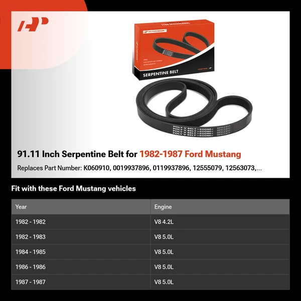 91.11 Inch Serpentine Belt for 1982-1987 Ford Mustang