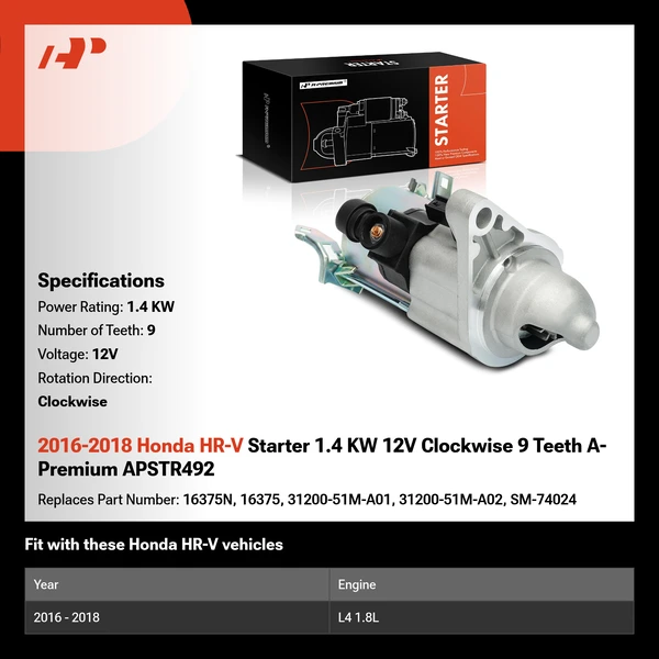 2016-2018 Honda HR-V Starter 1.4 KW 12V Clockwise 9 Teeth A-Premium APSTR492
