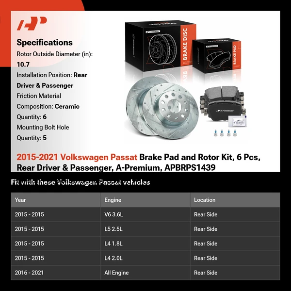 2015-2021 Volkswagen Passat Brake Pad and Rotor Kit, 6 Pcs, Rear Driver & Passenger, A-Premium, APBRPS1439