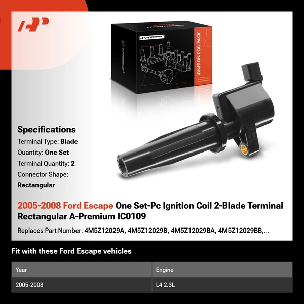 2005-2008 Ford Escape One Set-Pc Ignition Coil 2-Blade Terminal Rectangular A-Premium IC0109