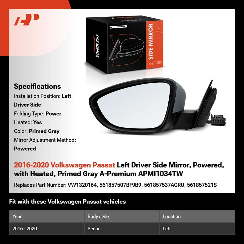2016-2020 Volkswagen Passat Left Driver Side Mirror, Powered, with Heated, Primed Gray A-Premium APMI1034TW