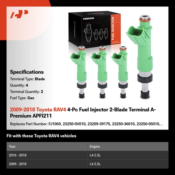 2009-2018 Toyota RAV4 4-Pc Fuel Injector 2-Blade Terminal A-Premium APFI211