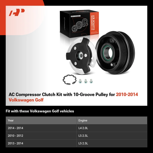 AC Compressor Clutch Kit with 10-Groove Pulley for 2010-2014 Volkswagen Golf