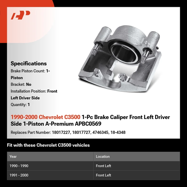 1990-2000 Chevrolet C3500 1-Pc Brake Caliper Front Left Driver Side 1-Piston A-Premium APBC0569